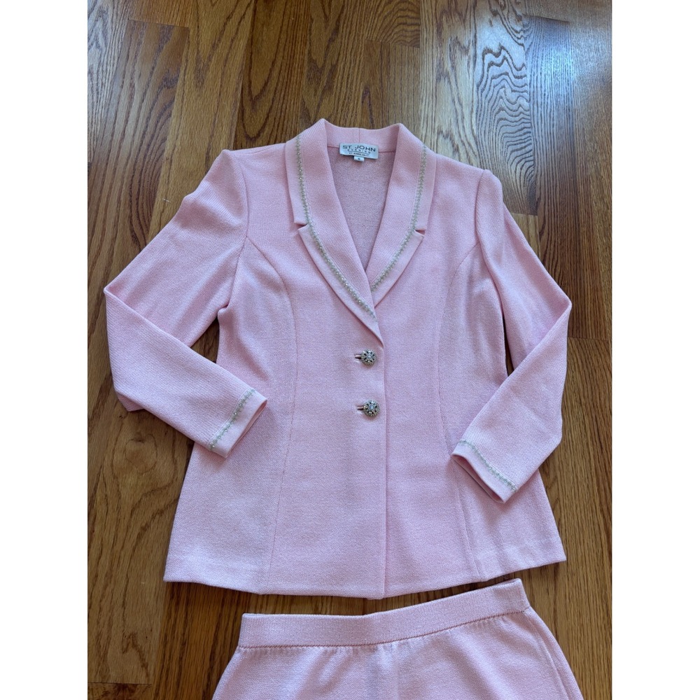 St. John Evening Marie Gray Pink Knit Skirt Suit Rhinestone Trim Blazer Set 6 - Picture 9 of 13